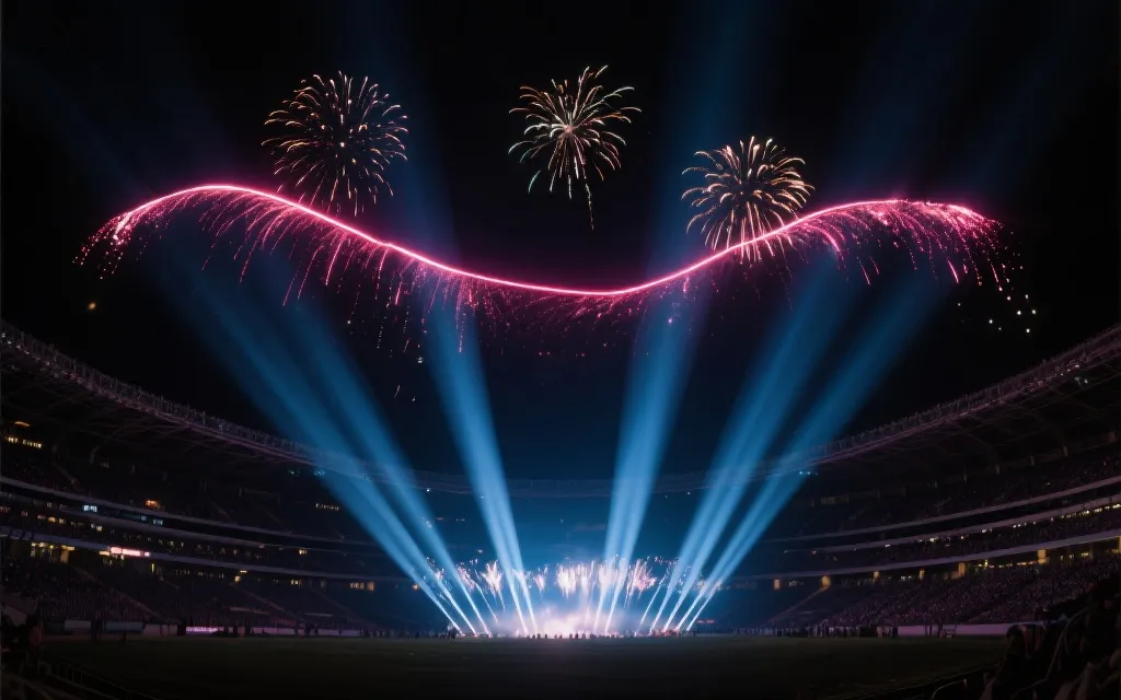 体育场上空的灯光与烟火，形成统一色带与节奏